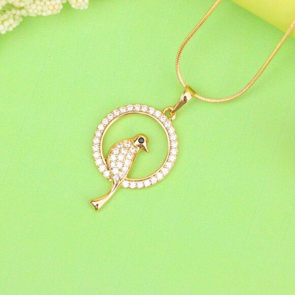 "Rose Gold Bird Pendant with Sparkling Crystals in Circular Frame, XPPT1525 - Picture 13 of 13